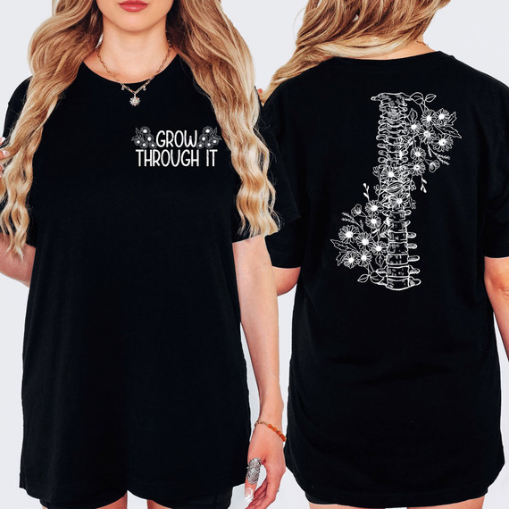 Grow Through It Spine SET DTF Heat Transfer, black t-shirt with white spine and floral graphic design and text.