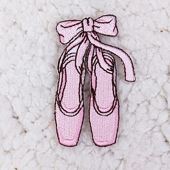 Ballet Slippers Embroidered Hat/Pocket Patch, pink ballet slippers with a ribbon, embroidered on fabric.