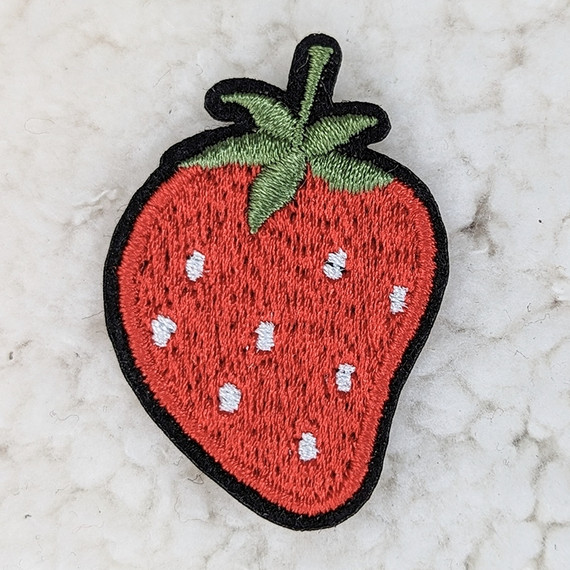 Strawberry Embroidered HAT/POCKET Patch, colorful strawberry-shaped fabric patch with green leaves and white seed details, suitable for clothing or accessories decoration