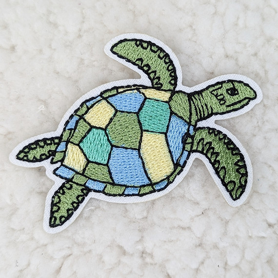 Sea Turtle Embroidered HAT/POCKET PATCH, colorful embroidered patch of a sea turtle with detailed shell and flippers design.