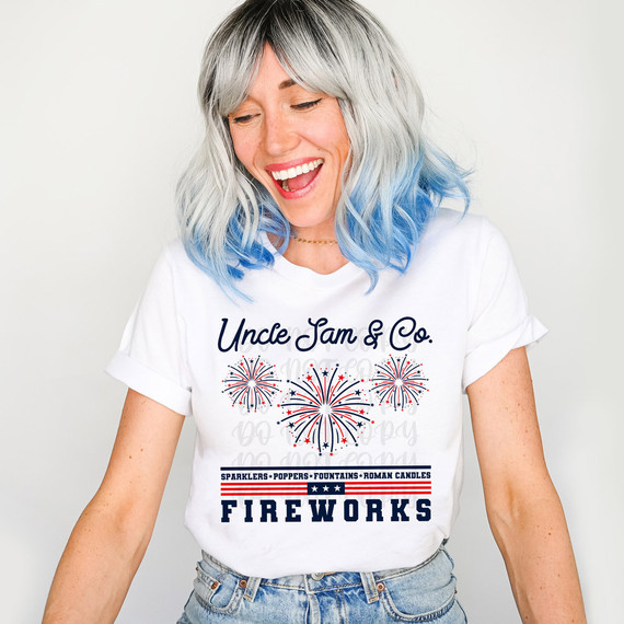 Uncle Sam & Co Fireworks DTF Heat Transfer, T-shirt with colorful fireworks graphic and patriotic text design.