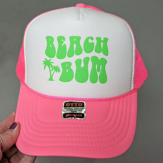 Beach Bum Hat/Pocket  Neon GREEN Screen Print Heat Transfer
