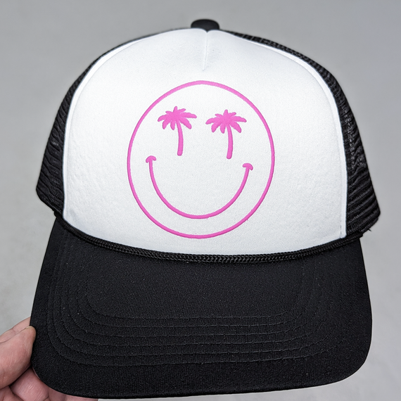 Happy Face Palm Trees  PINK PUFF Hat/Pocket Screen Print Heat Transfer