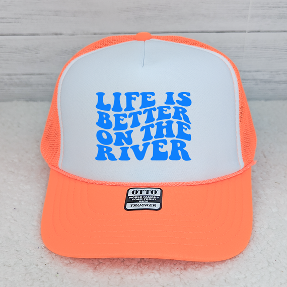 Life Is Better On The River NEON Blue Hat/Pocket Screen Print Heat Transfer