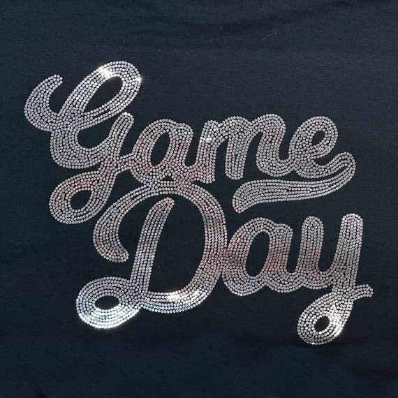 SILVER Game Day Spangled Transfer, a decorative transfer with silver rhinestones spelling 'Game Day' on a black fabric background.