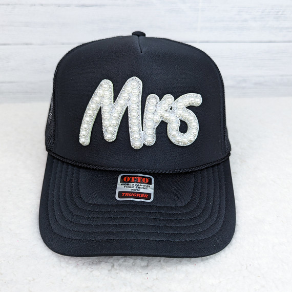 GLUE ON MRS Pearl Sparkle HAT/POCKET Patch, a black cap with a pearl embellished 'MRS' patch on the front.