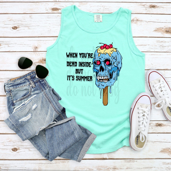 When You're Dead Inside Popsicle Cone DTF Heat Transfer, blue skull illustration with cherries and melting ice cream on tank top.
