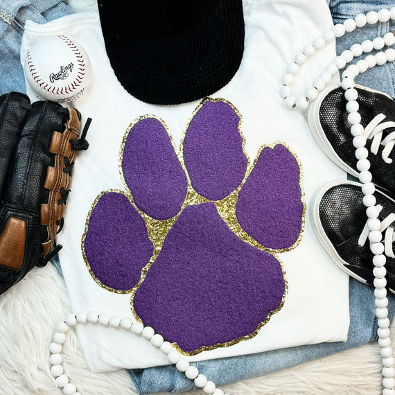Purple Paw with Gold Glitter Chenille Patch