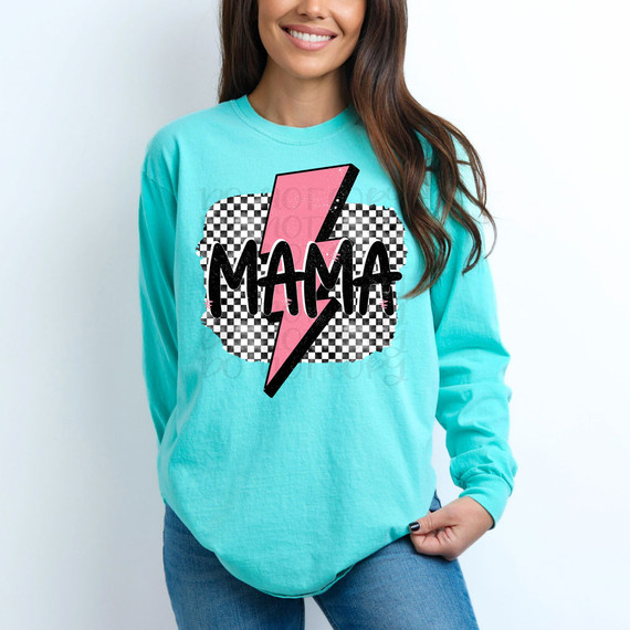 Mama Pink Bolt DTF Heat Transfer, a vibrant design featuring a pink lightning bolt and the word 'Mama' over a checkered background on a turquoise sweatshirt.