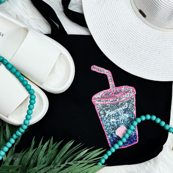 Mermaid Cocktail Sequin Patch, colorful sequin patch featuring a cocktail drink with a straw and seashell design.