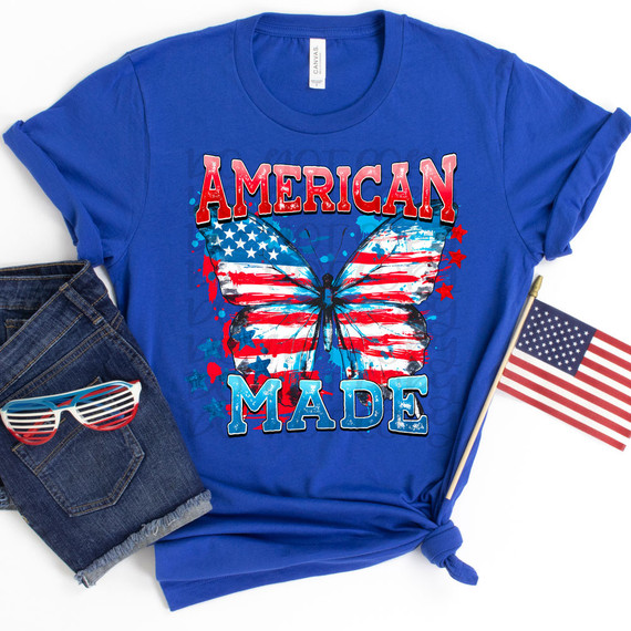 American Made Butterfly DTF Heat Transfer, patriotic butterfly design on blue t-shirt.