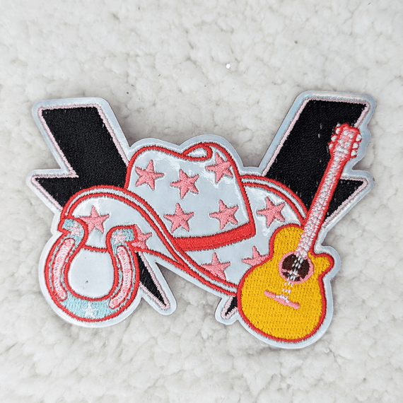 Country Western Collage WHITE Embroidered Vinyl HAT Patch, colorful patch featuring a cowboy hat with stars, a guitar, and a horseshoe, designed for hat decoration.