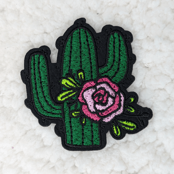 Floral Cactus Embroidered HAT/POCKET Patch showing a cactus with pink rose embroidery and green cactus segments with black border details