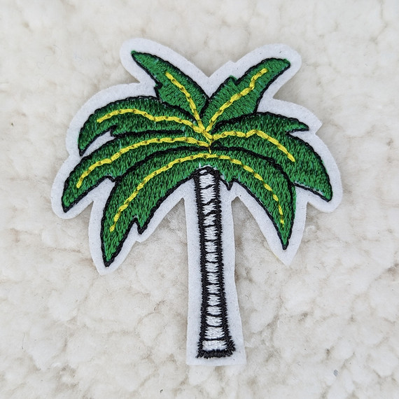 Bright Palm Tree Embroidered HAT/POCKET Patch, colorful green and yellow embroidered palm tree patch on white background.