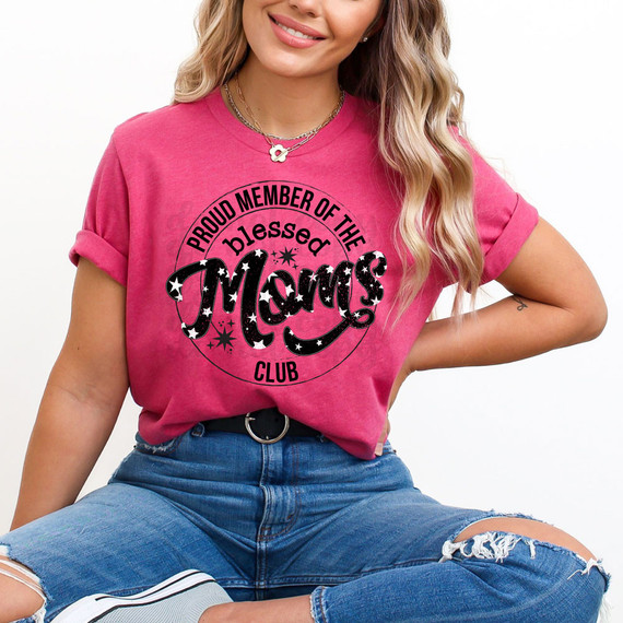 Proud Member Of The Blessed Moms Club DTF Heat Transfer, pink T-shirt with black and white design and text for moms