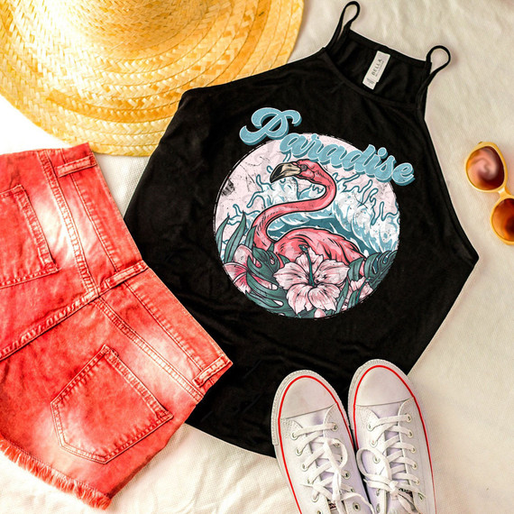 Paradise Flamingo DTF Heat Transfer, colorful flamingo and floral design on a black tank top.