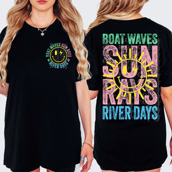 Boat Waves Sun Rays River Days SET DTF Heat Transfer, colorful graphic T-shirt design with sun and wave motifs.