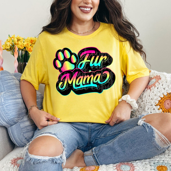 Fur Mama Rainbow Gradient DTF Heat Transfer, vibrant multicolor paw print and text design on a yellow t-shirt.