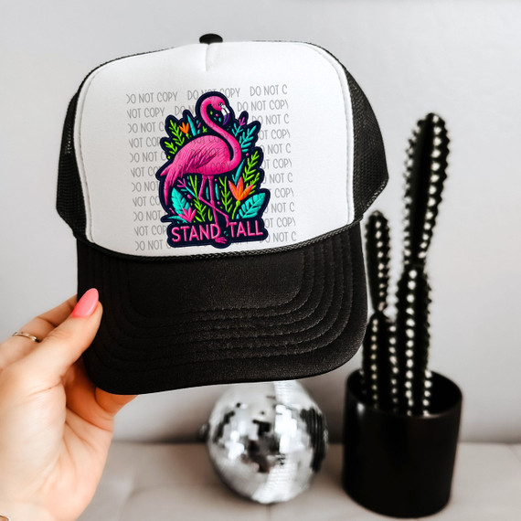 Stand Tall Flamingo Faux Patch Sublimation Transfer, patch featuring a pink flamingo with colorful tropical leaves and flowers, and the words 'STAND TALL' in bold letters