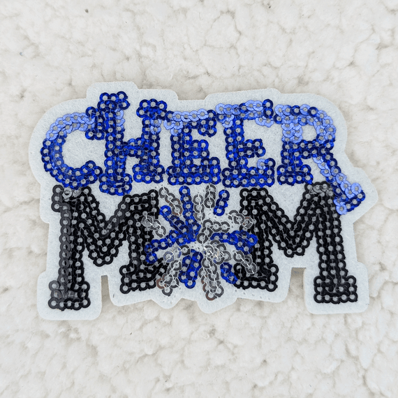 ROYAL BLUE Sequin Cheer Mom HAT/POCKET Patch, embroidered cheer mom text with snowflake design in blue, black, and silver sequins.