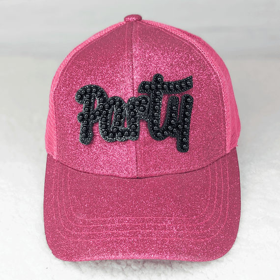 GLUE ON Party Black Pearl HAT/POCKET Patch, pink glitter baseball cap with black pearl embellished 'party' patch on the front.