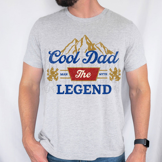 Cool Dad The Man The Myth The Legend DTF Heat Transfer, a man wearing a gray t-shirt with the colorful graphic design and text.