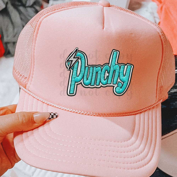 Punchy Faux Embroidery DTF Heat Transfer, pink trucker hat with turquoise embroidered patch with the word 'Punchy' and a lightning bolt design.
