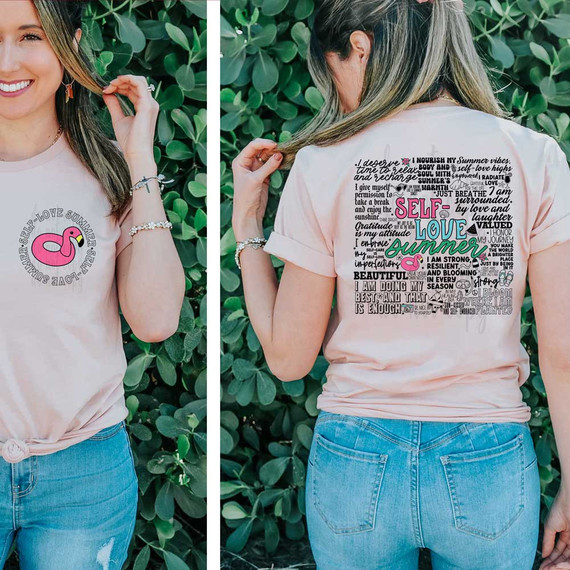 Self Love Summer SET DTF Heat Transfer, pink flamingo graphic on a light pink t-shirt, front and back views showing colorful motivational words and designs.