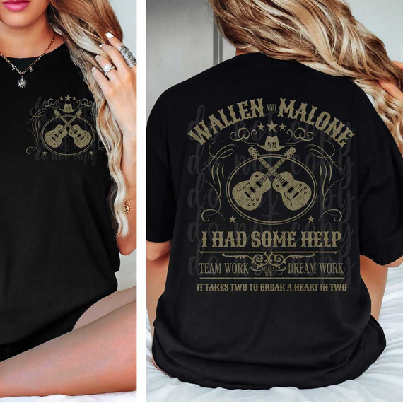 I Had Some Help SET DTF Heat Transfer, product image showing a black T-shirt with gold-colored vinyl transfer design of crossed guitars and text on the back