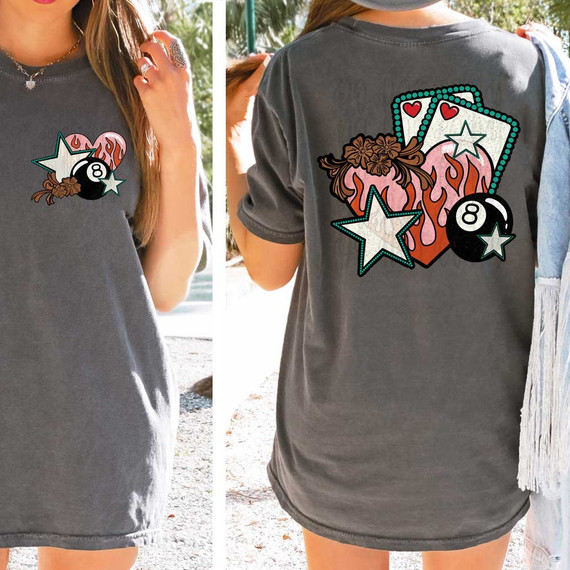 Lucky Love SET DTF Heat Transfer, colorful iron-on patch design with hearts, stars, an 8 ball, and a flaming heart on a gray t-shirt for customizable clothing embellishments.