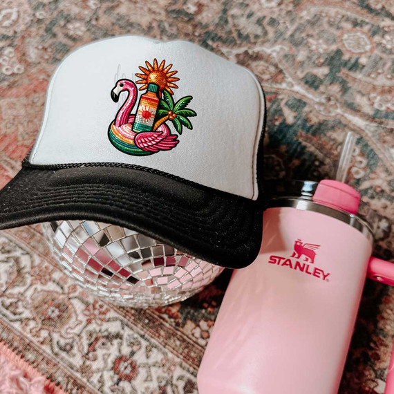 Summer Faux Sequin Patch DTF Heat Transfer, colorful patch featuring a flamingo, bottle, sun, and tropical leaves on a cap.