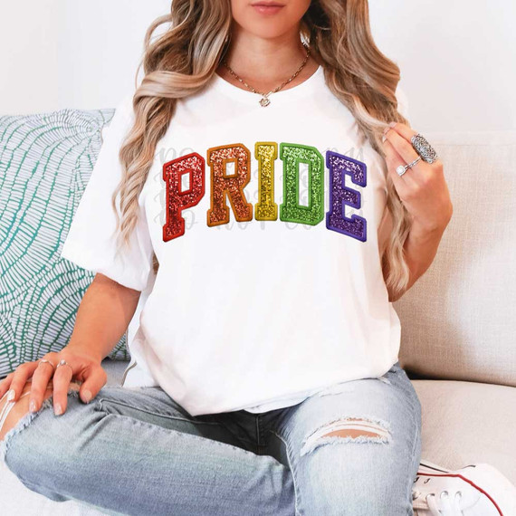 Pride Faux Embroidery DTF Heat Transfer, rainbow-colored embroidered Pride text on white t-shirt