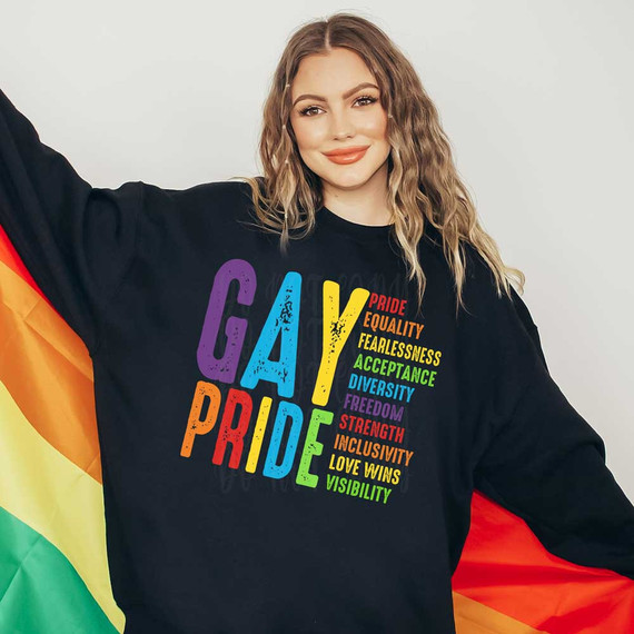 Gay Pride DTF Heat Transfer, colorful LGBT pride themed design on a black sweatshirt.