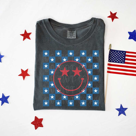 Patriotic Happy Face DTF Heat Transfer, gray T-shirt with patriotic smiley face design featuring stars and American flag theme.