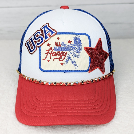 Patriotic Hearts Hat Chain, embroidered baseball cap with red, white, and blue patriotic design and decorative heart-shaped chain.