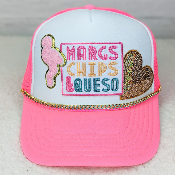 Turquoise Enamel Gold Hat Chain, pink baseball cap with embroidered colorful text and sequin design.