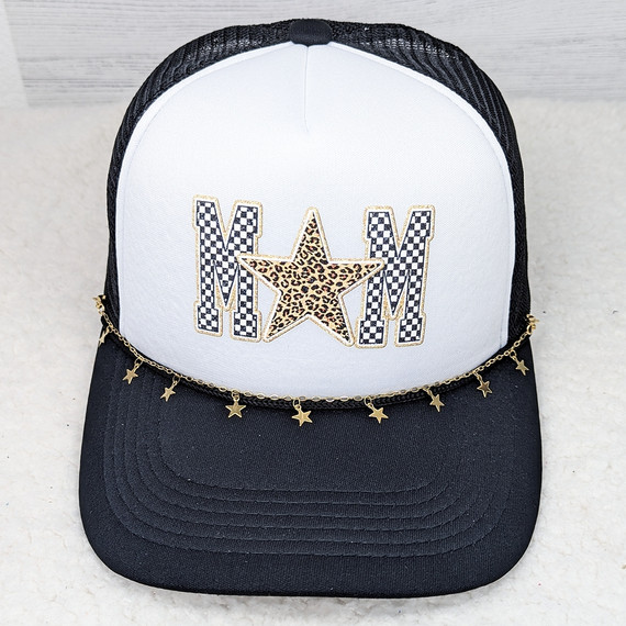 Gold Stars Hat Chain, decorative gold star chain accessory attached to a black and white hat with 'MOM' embroidered in leopard and checkered patterns.