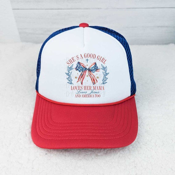 She's A Good Girl Coquette DTF Heat Transfer, showcasing a baseball cap with patriotic design and message.
