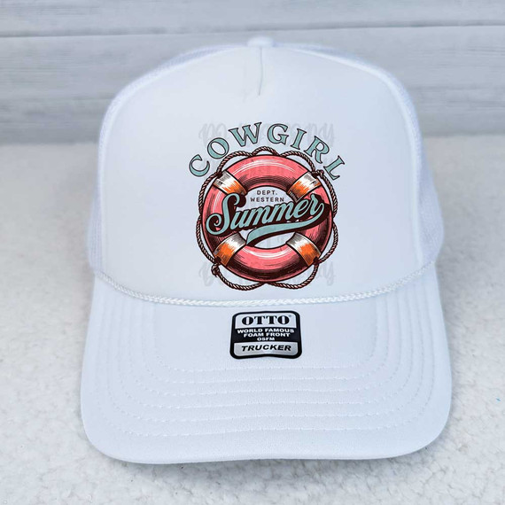 Cowgirl Summer DTF Heat Transfer, white trucker cap with colorful summer-themed design featuring a lifebuoy and text.
