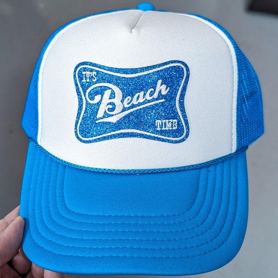 It's Beach Time Embroidered Glitter HAT/POCKET Patch, blue and white trucker hat with glittery 'It's Beach' patch in the center.