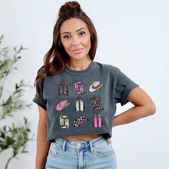 Bright Western DTF Heat Transfer, a colorful patterned heat transfer design on a woman's gray crop top.