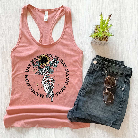 Manic Mom-Day Sunflower DTF Heat Transfer, pink tank top with sunflower and flower graphic design.