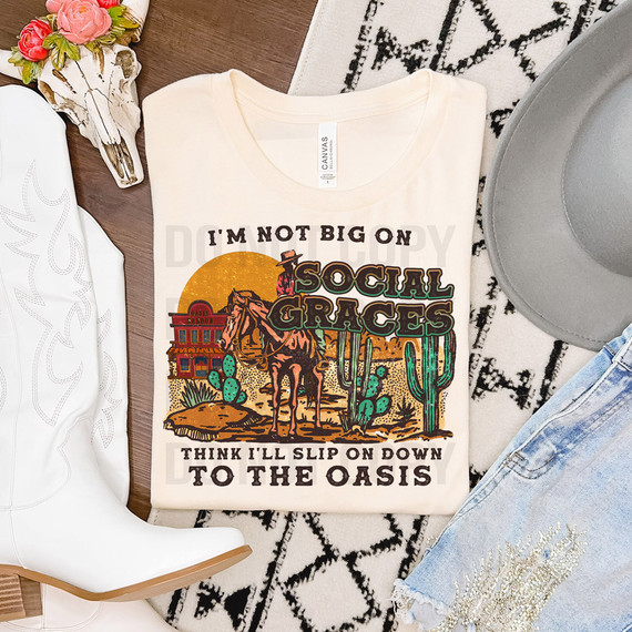 I'm Not Big On Social Graces DTF Heat Transfer T-shirt, with a desert scene featuring a cowboy on a horse, cacti, and a sunset in the background.