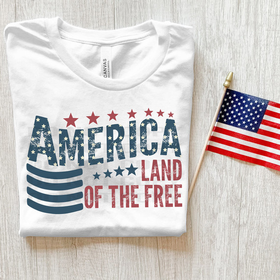 America Land Of The Free DTF Heat Transfer, white T-shirt with patriotic American flag design and text.