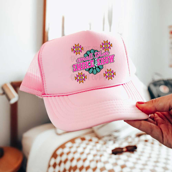 Small Town Smoke Show DTF Heat Transfer, pink trucker cap with colorful logo design in the center.