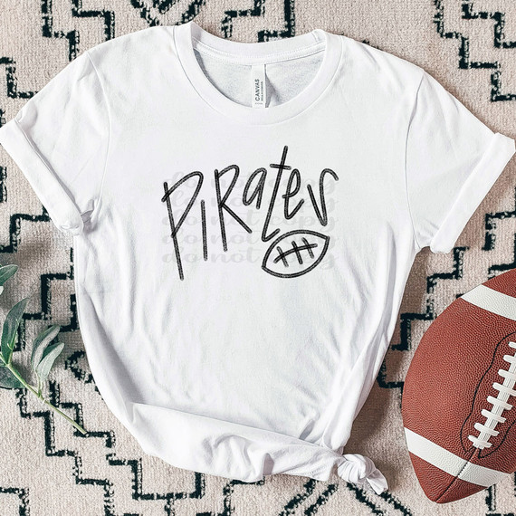 Pirates Football DTF Heat Transfer, a white T-shirt with hand-drawn style 'Pirates' text and football graphic, suitable for sports events or fan apparel.