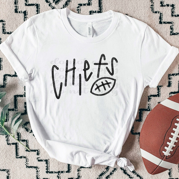 Chiefs Football DTF Heat Transfer, black outlined text 'Chiefs' with a football illustration on a white T-shirt.