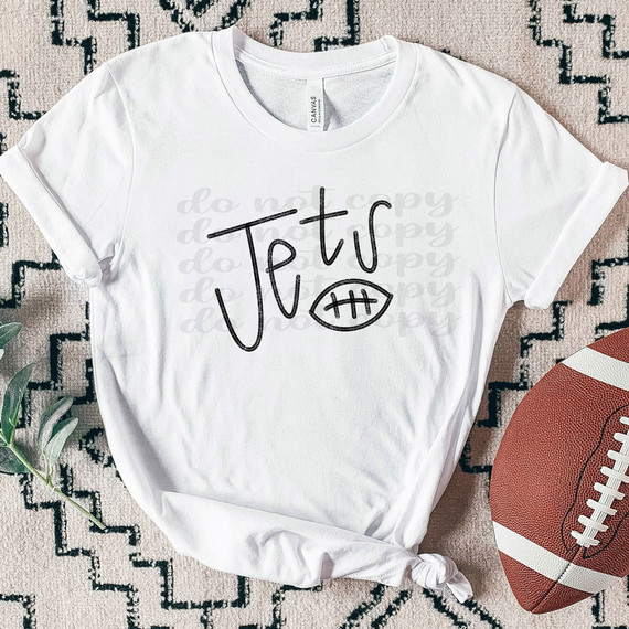 Jets Football DTF Heat Transfer, white T-shirt with football-themed handwritten text and football graphic on front.