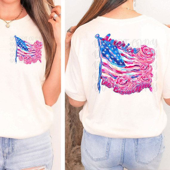 America The Beautiful Watercolor Flowers SET DTF Heat Transfer, illustration of an American flag with pink watercolor roses and the phrase 'America the Beautiful' on a white t-shirt.