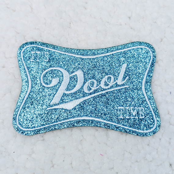 It's Pool Time Embroidered Glitter HAT/POCKET Patch, sparkling blue patch with 'Pool' embroidered in silver glitter and a wave design, perfect for summer accessories.